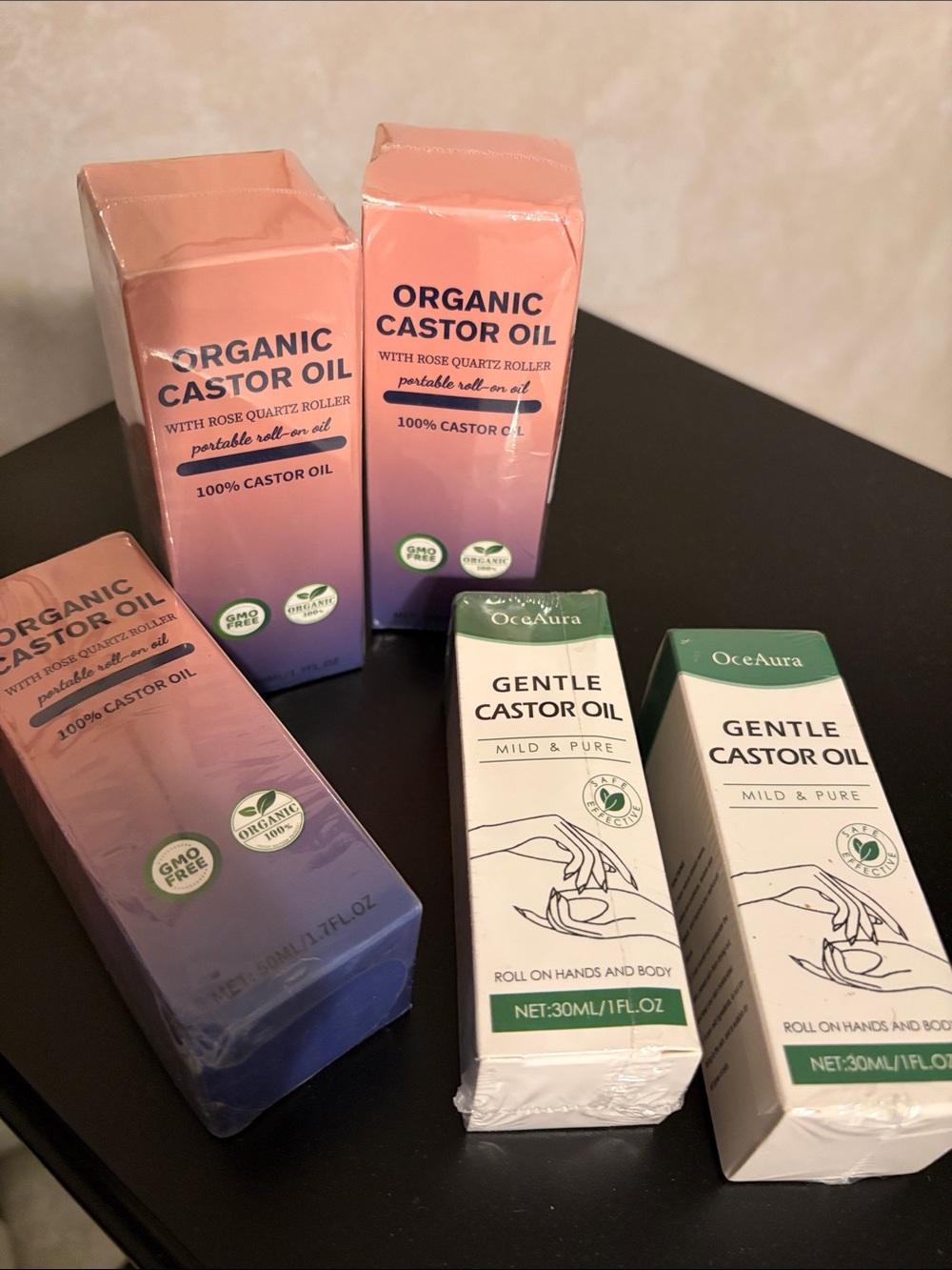 BNIB 5pc Castor Oil Bundle - Organic Rose Quartz Roller & OceAura Roll-On